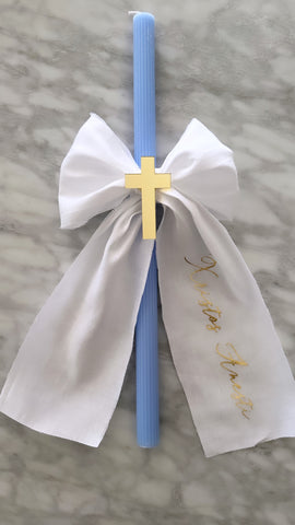 Sky Blue & White Linen Bow Easter Candle