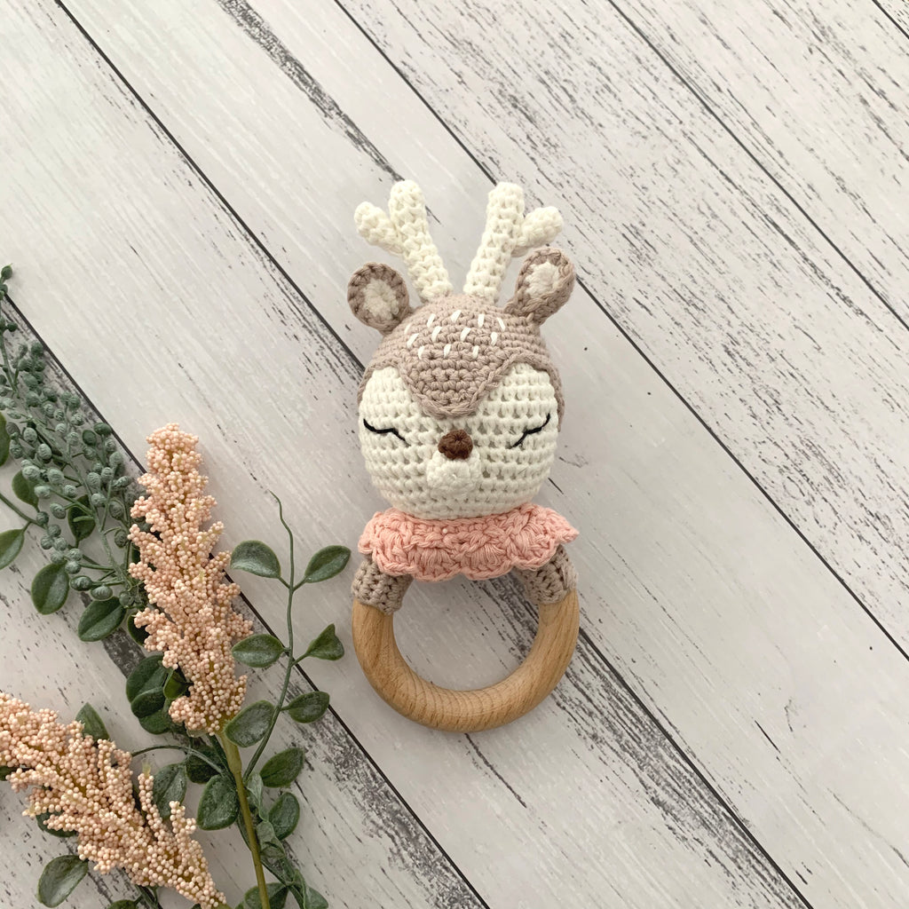 Cotton Crochet Deer Baby Teether Rattle - madamsousouevents