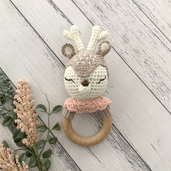 Cotton Crochet Deer Baby Teether Rattle - madamsousouevents