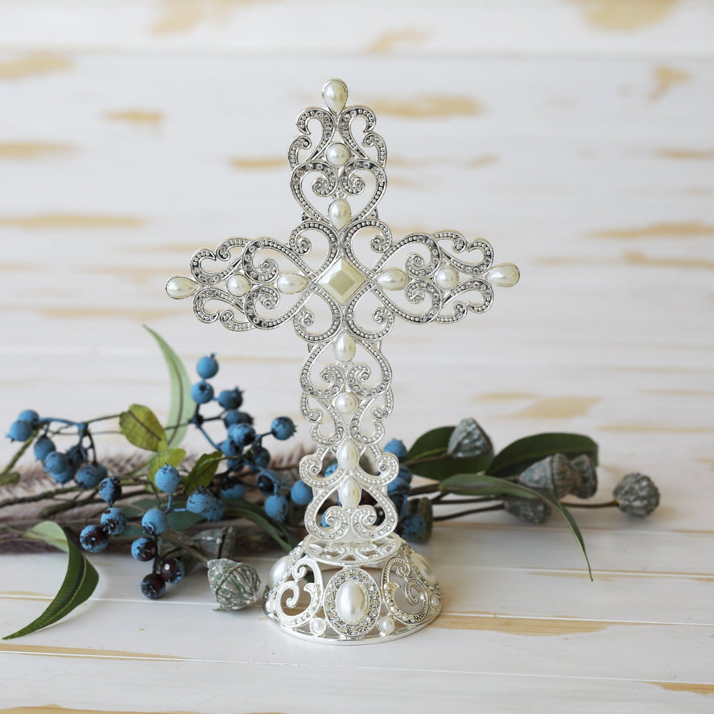 ORNATE PEARL CRYSTAL STYLE CROSS - madamsousouevents