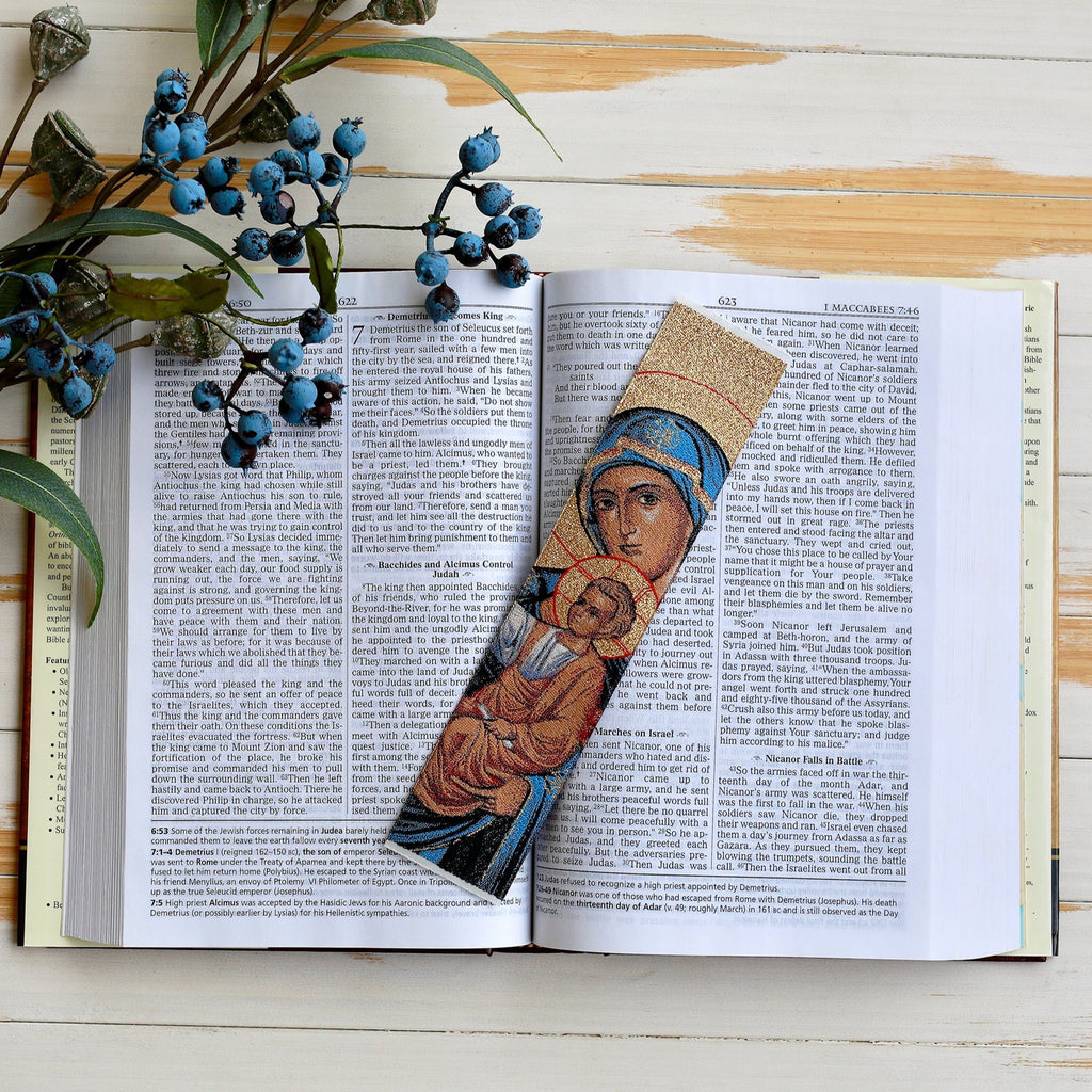 Orthodox Virgin Mary Blue Tapestry Book Mark - madamsousouevents