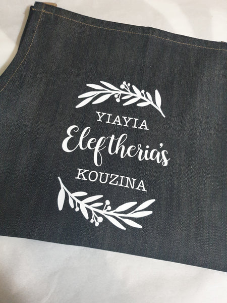 Personalised Denim Apron with Olive Leaf design