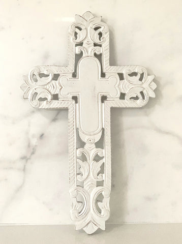 Carved Wooden White Cross - madamsousouevents 