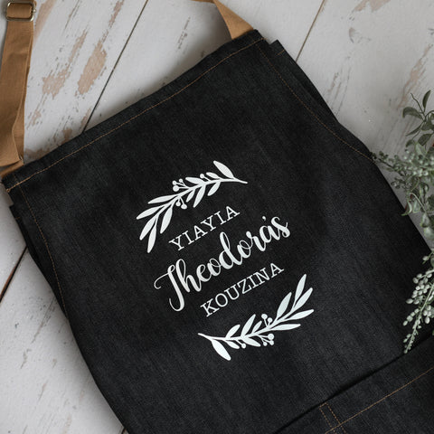 Personalised Denim Apron with Olive Leaf design - madamsousouevents 