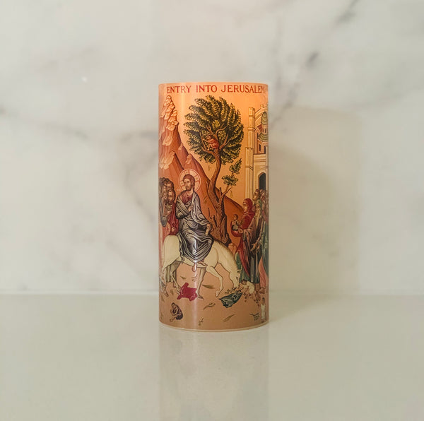 FLAMELESS ICON CANDLE TRIO - PALM SUNDAY / CRUCIFIXION / RESURRECTION - madamsousouevents 