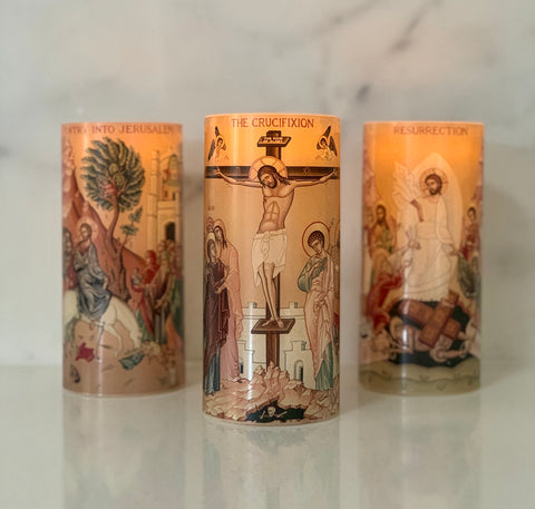 FLAMELESS ICON CANDLE TRIO - PALM SUNDAY / CRUCIFIXION / RESURRECTION - madamsousouevents 